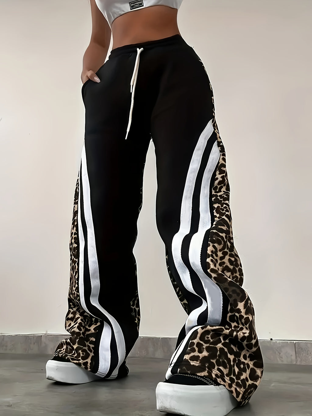 Leopard Print Wide-Leg Pants with Side Drawstring