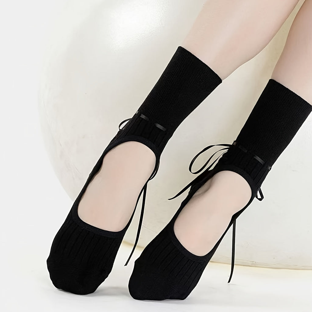 Non-Slip Mid-Calf Socks with Adjustable Strap & Bow Ribbon