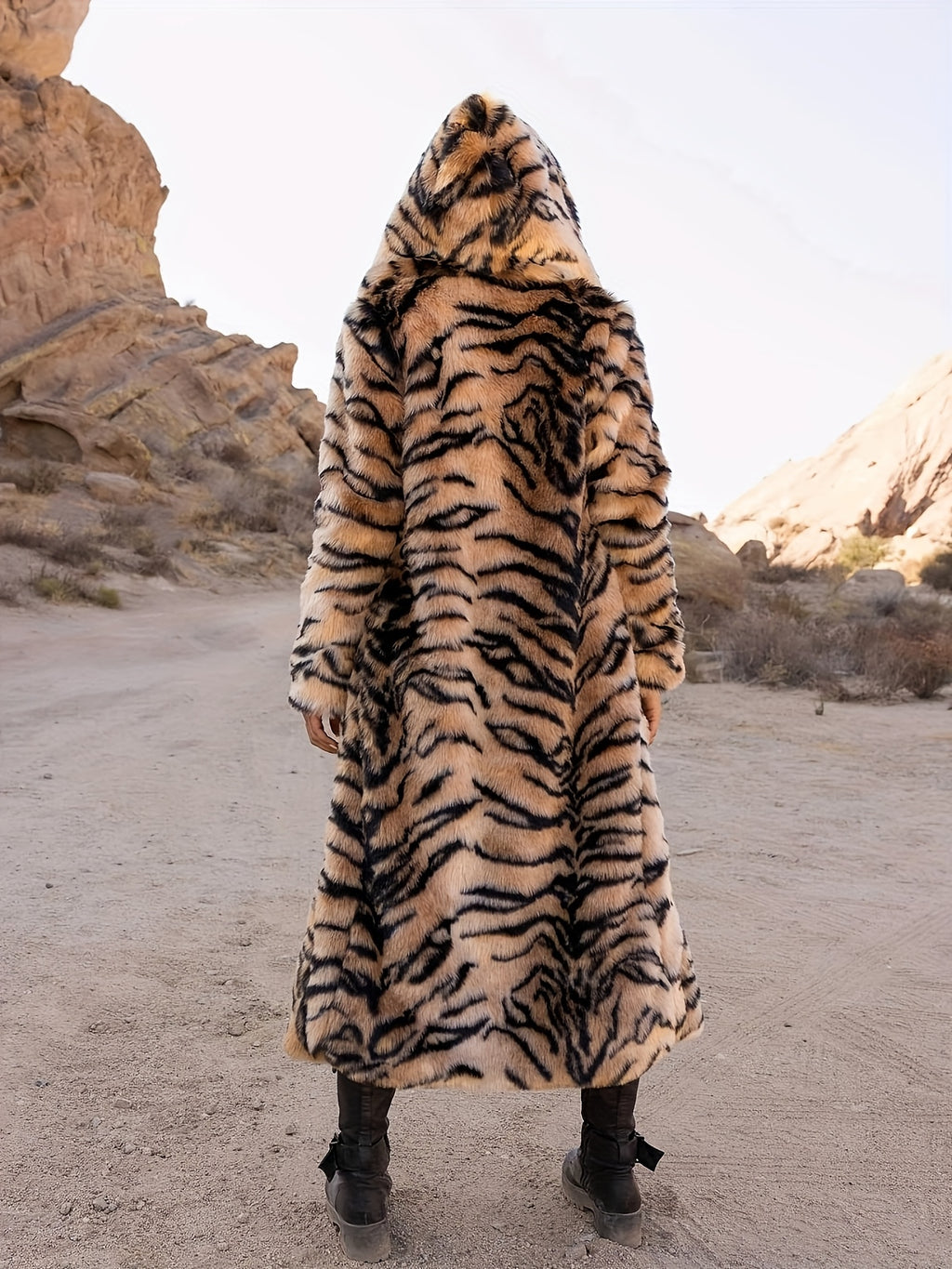 Women's Elegant Leopard Print Hooded Coat with Faux Grass Lining - Long Winter Warmth, Slim-Fit Tailored Outerwear, Single-Breasted Closure & Luxurious Fur-Like Texture for Casual & Formal Outfits (Dry Clean Only) - Autumn/Wi