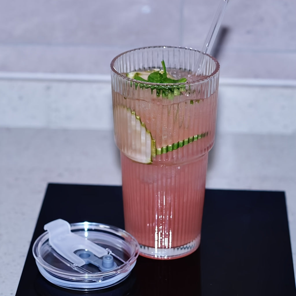 {1/2/4pcs] LDQ Striped Glass Cups with Straws & Lids