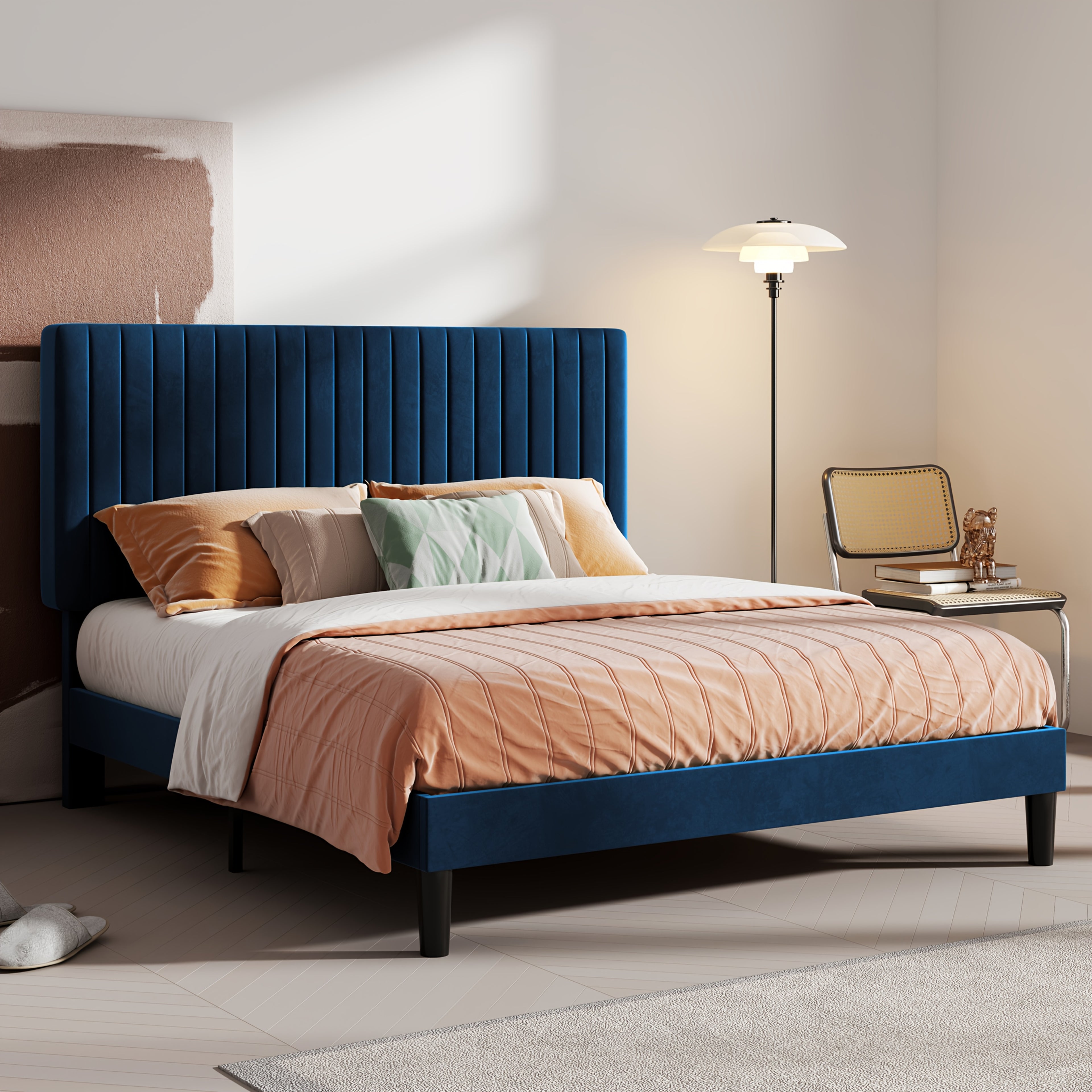Modern Velvet Upholstered Bed Frame with Adjustable Headboard