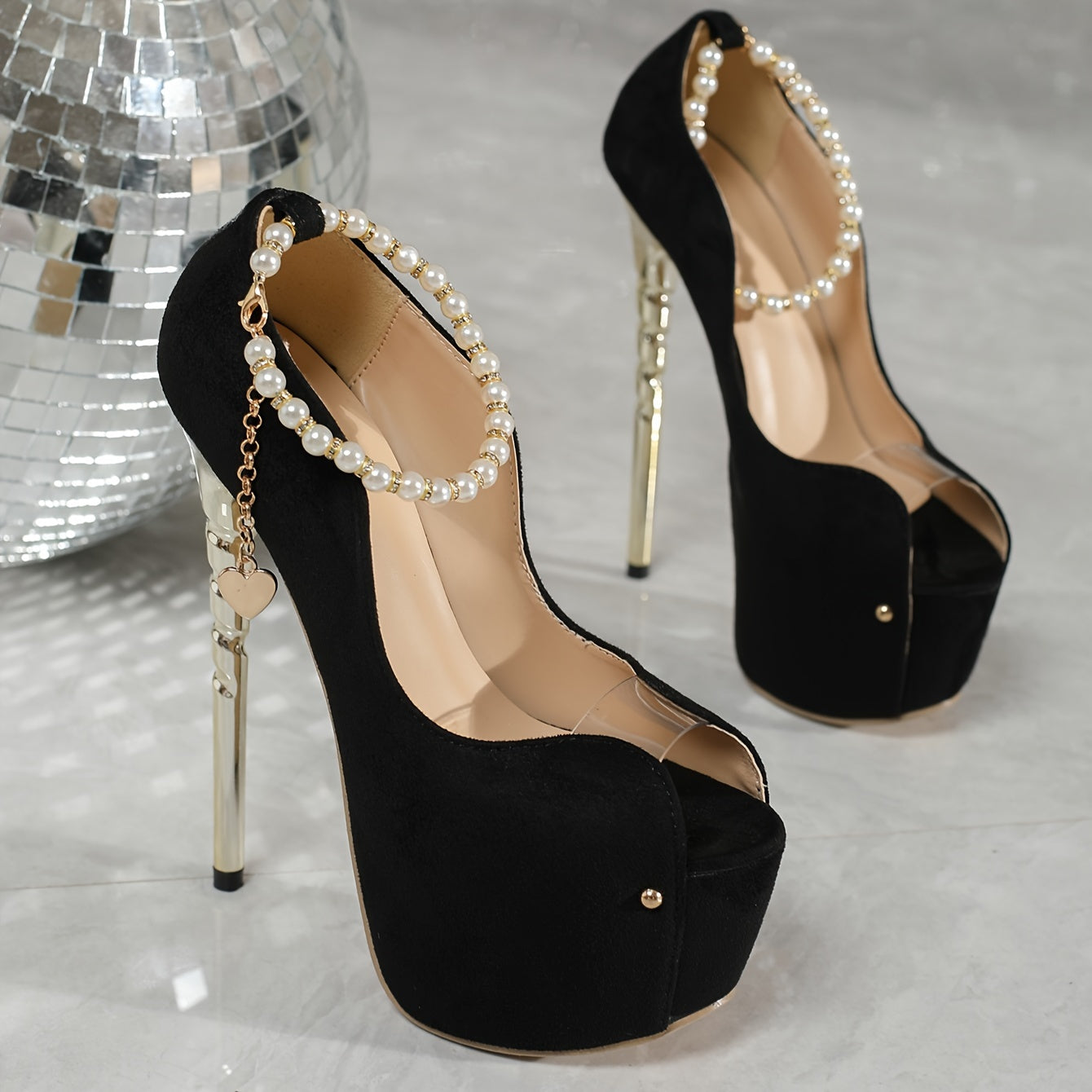 Elegant Black  High Heels with Pearl Accents