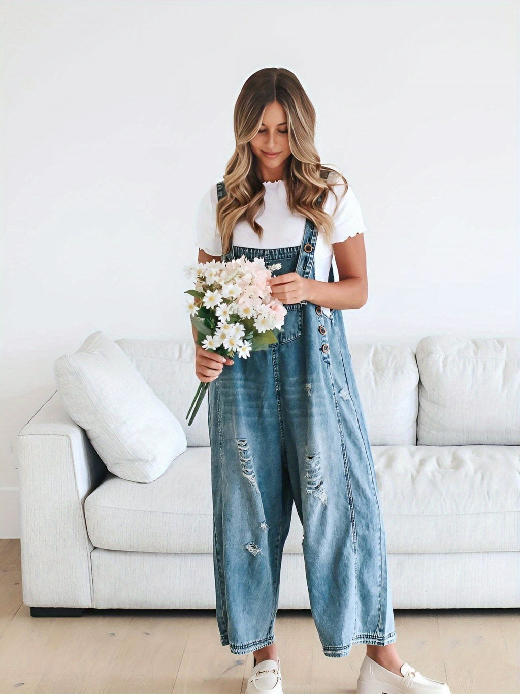 Distressed Denim Overalls