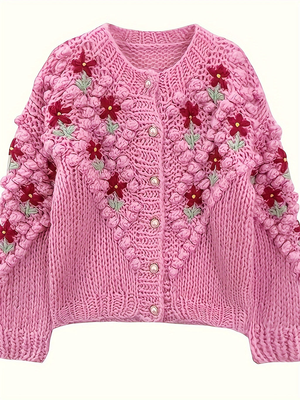 Women's Embroidered Floral Acrylic Cardigan - Cute Crew Neck Knit Sweater with 3D Flower Details for Fall/Winter