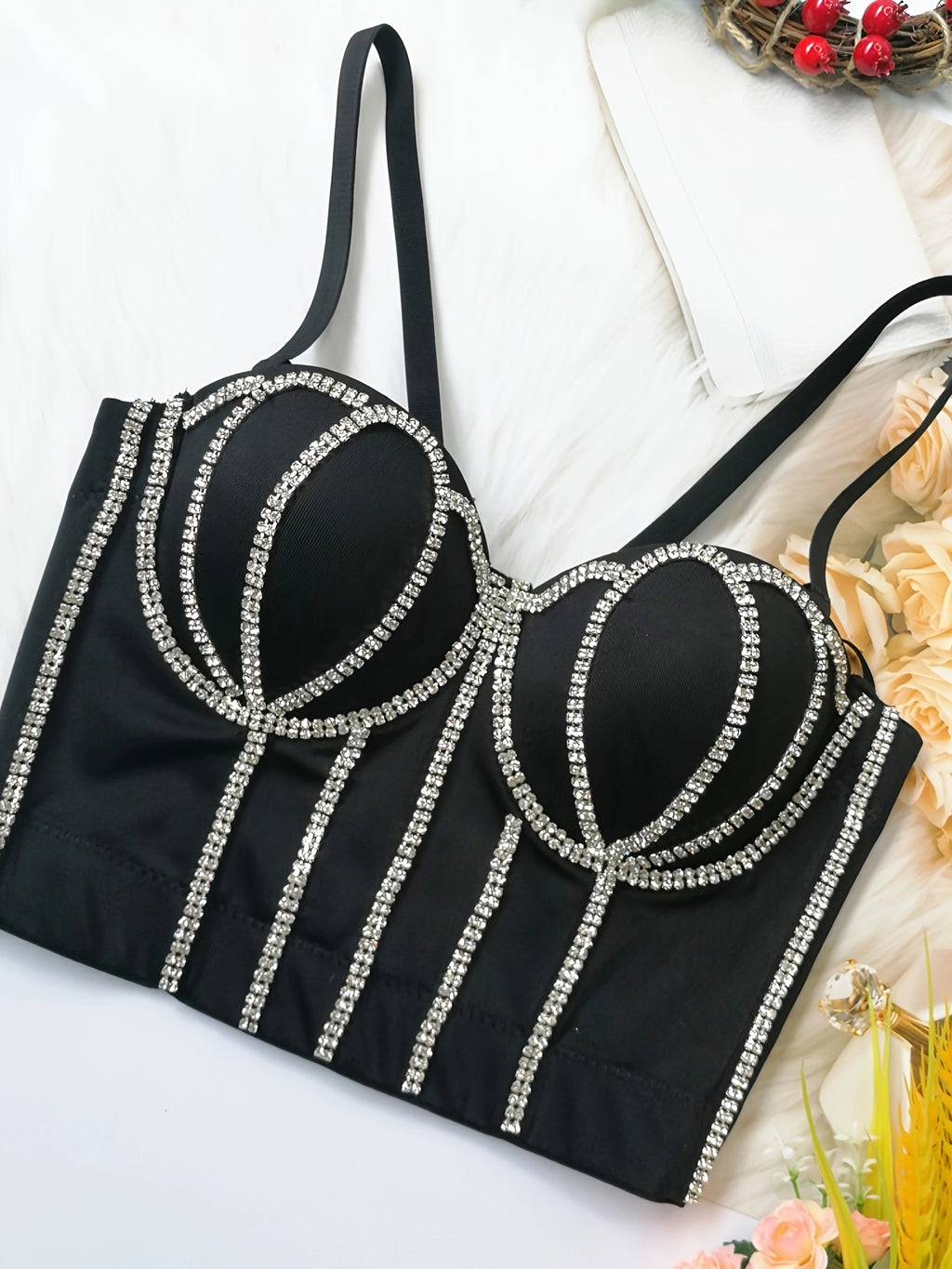 #8185 French Design Sleeveless Vest, Niche Shaping Underwear for Women, Fishbone Top with Studs and Shiny Rhinestones, Women'S Group Tightening Wrap Chest