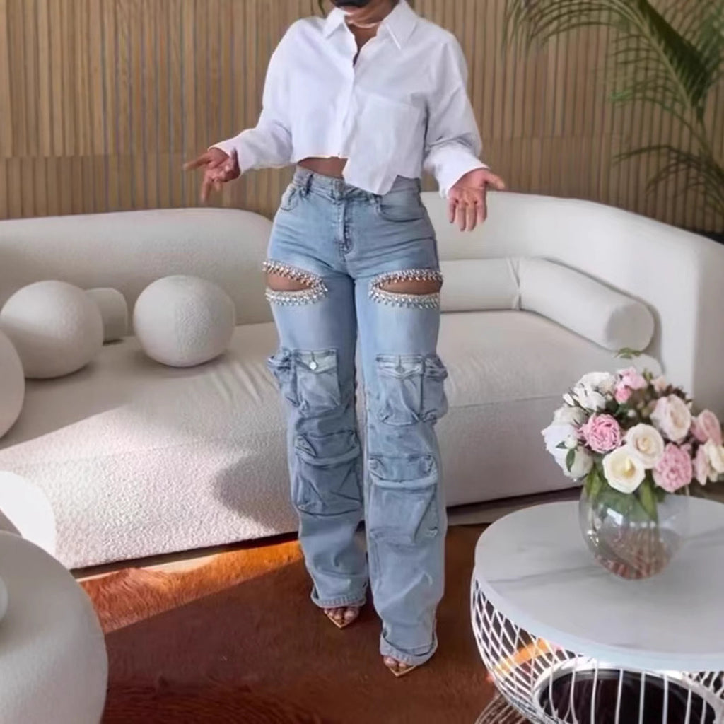 Slim-Fit Overalls Jeans with Hollow Diamond Embellishments & Multiple Pockets