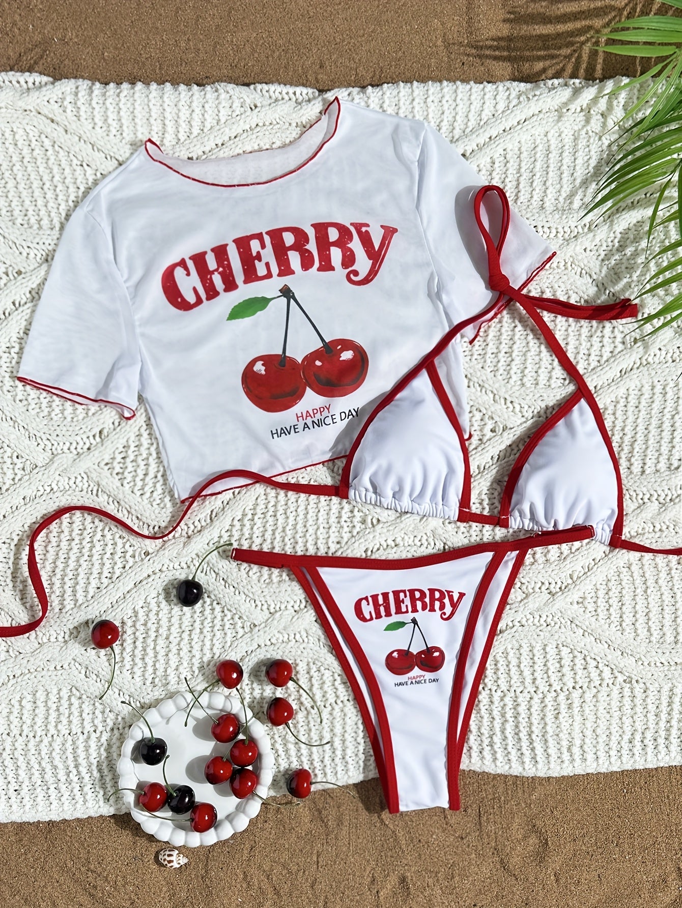 Letter Print Three-Piece Swimsuit Set with Halter Neck Top and High-Cut Triangle Bottoms Cherry Print