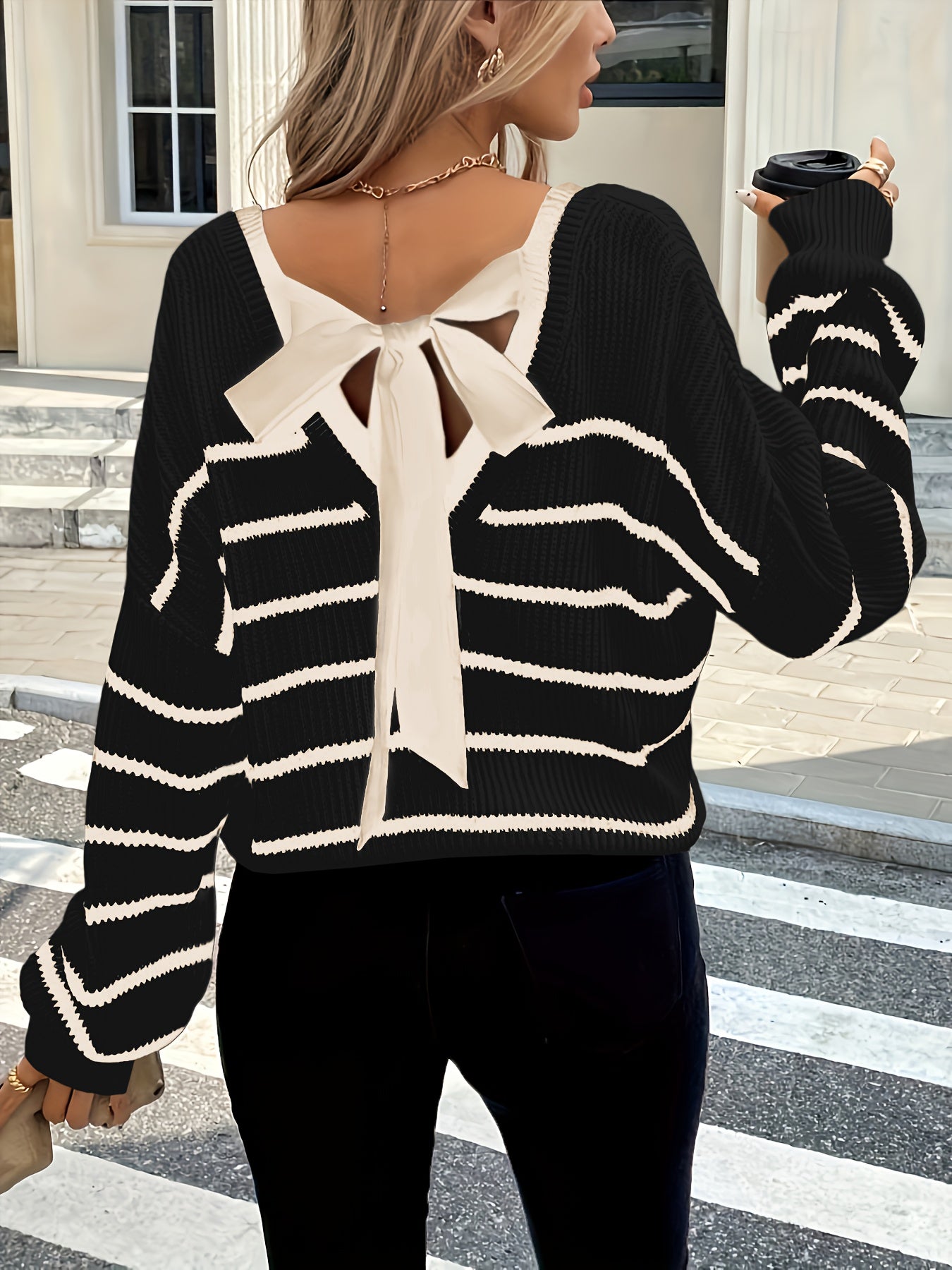 Women'S Elegant French-Inspired Striped V-Neck Sweater with Tie-Back Detail - Casual Long Sleeve Pullover for Fall/Winter, Black & White Vertical Stripes, Button-Up Front, Loose Fit, Casual Winter Wear | Vneck Sweater | Const