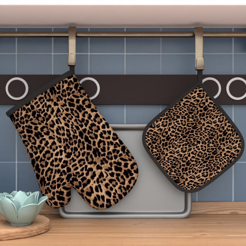 {2pcs} Heat-Resistant Oven Mitts & Pot Holders - Leopard Print Kitchen Gloves