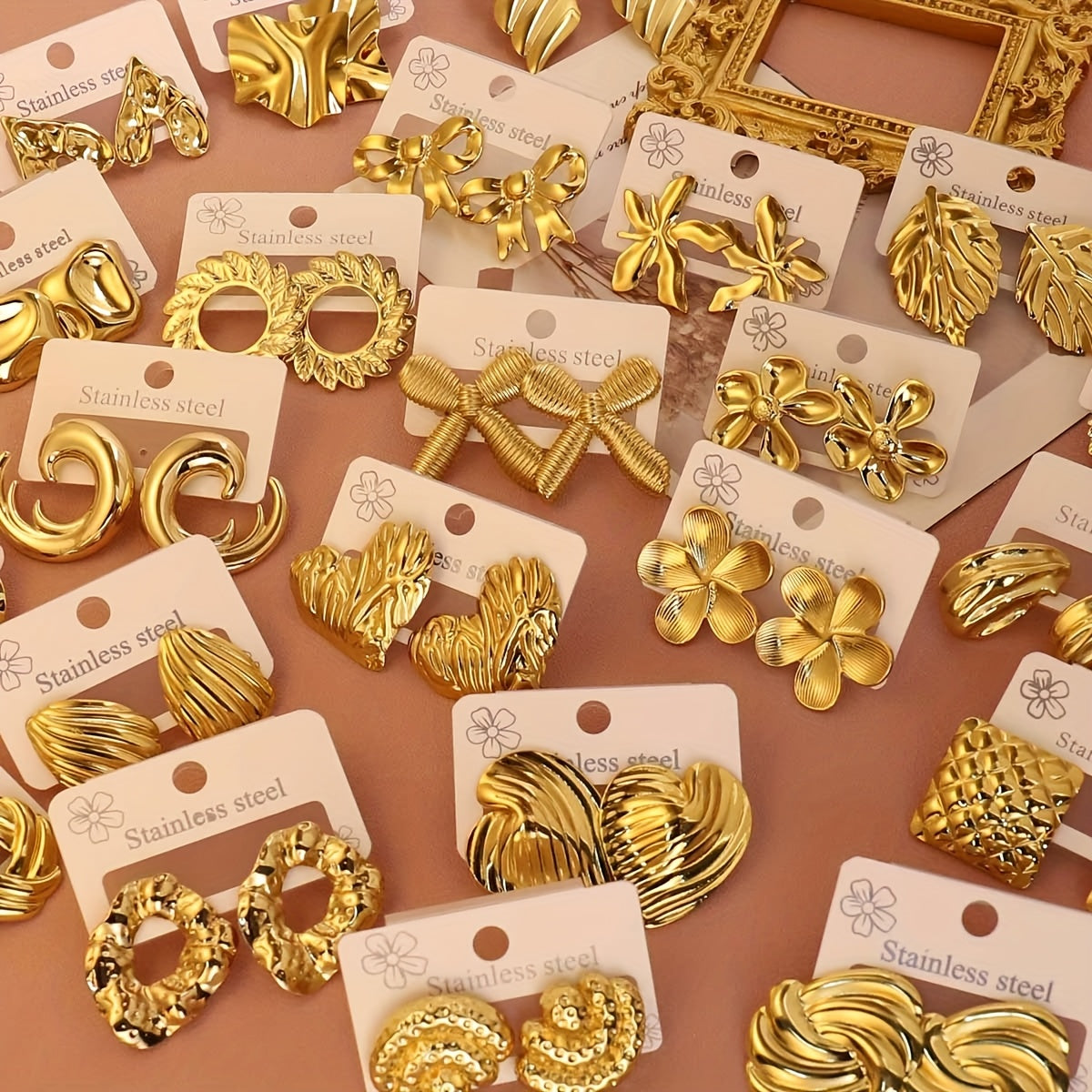 12pcs/Set or 18pcs/Set Stainless Steel Golden Heart/Leaf/Wing Earrings