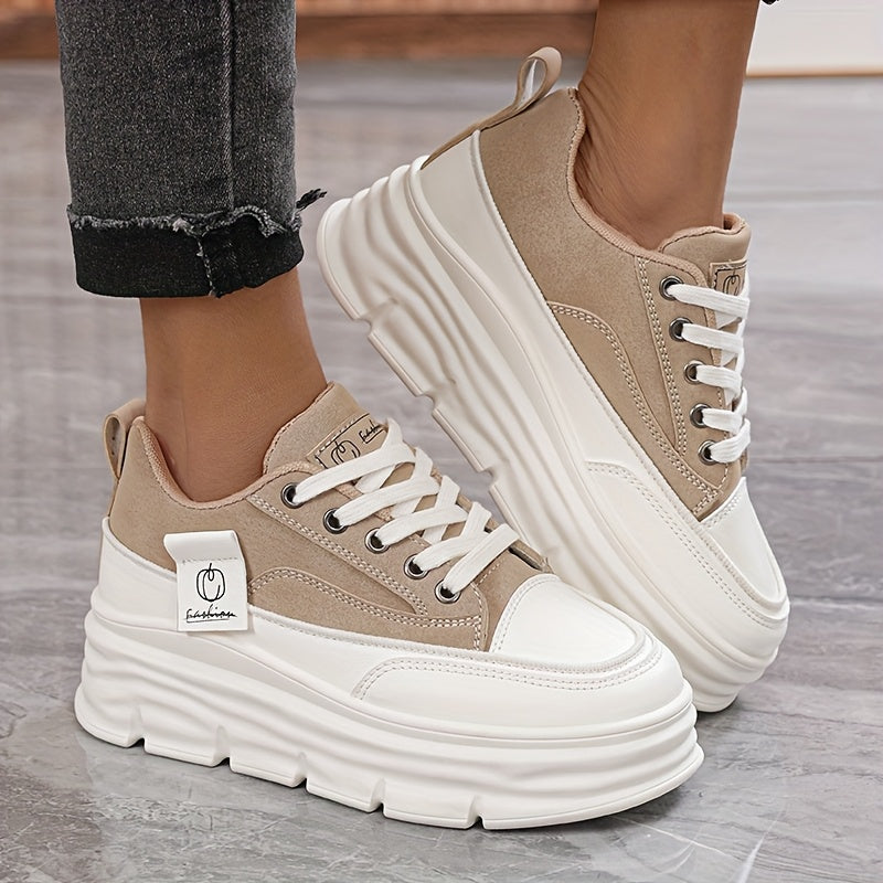 Women's Low-Top Lace-Up Sneakers - Beige/ White Faux Cover-like Synthetic Cover Arch Moccasin-Style Shoes with EVA Cushioned PVC Sole, Minimalist White Laces & Beige Traction Tread - All-Season Casual, Office, Gym, Walking Sh