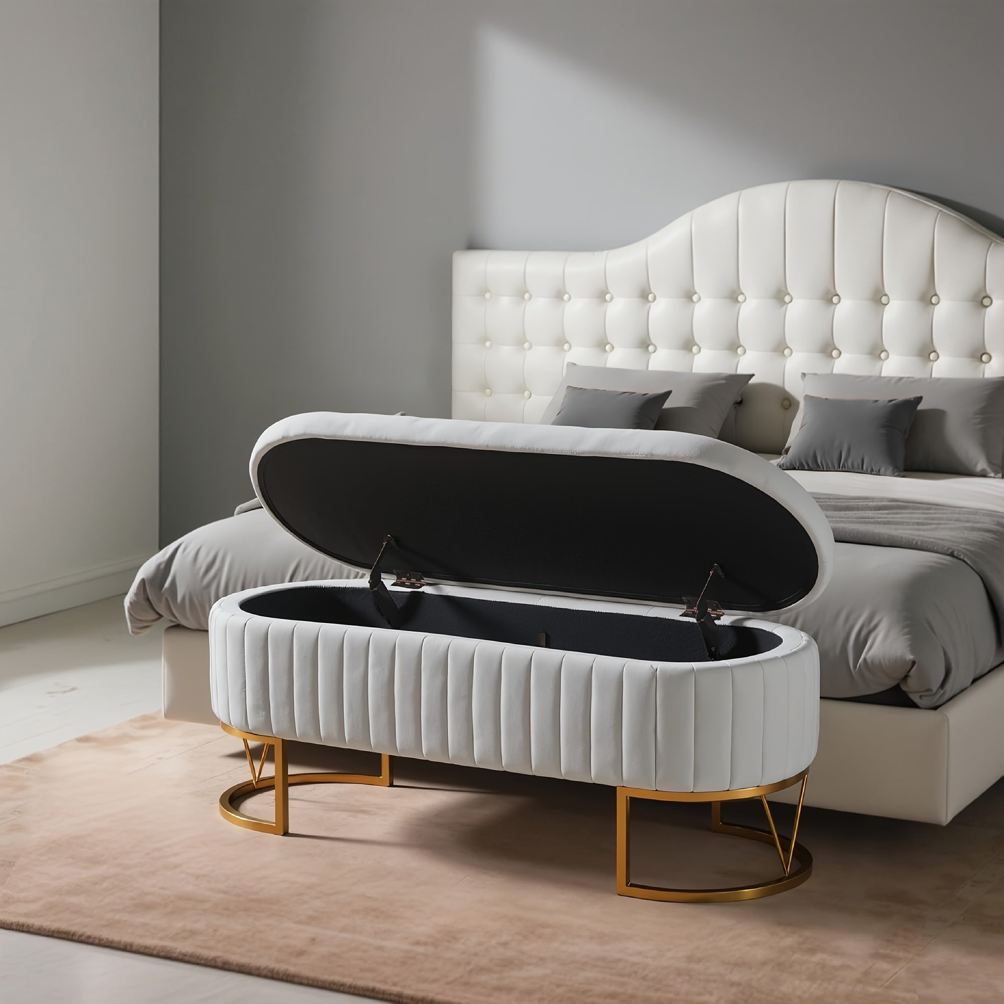 White Velvet Upholstered Storage Ottoman Footrest with Golden Legs