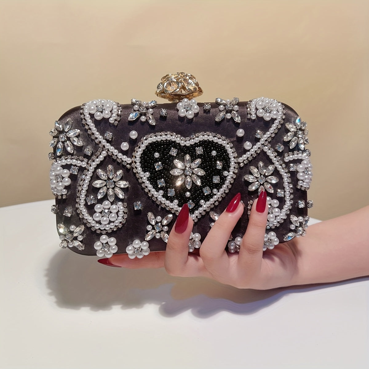 Beaded Clutch Handbag with Detachable Strap