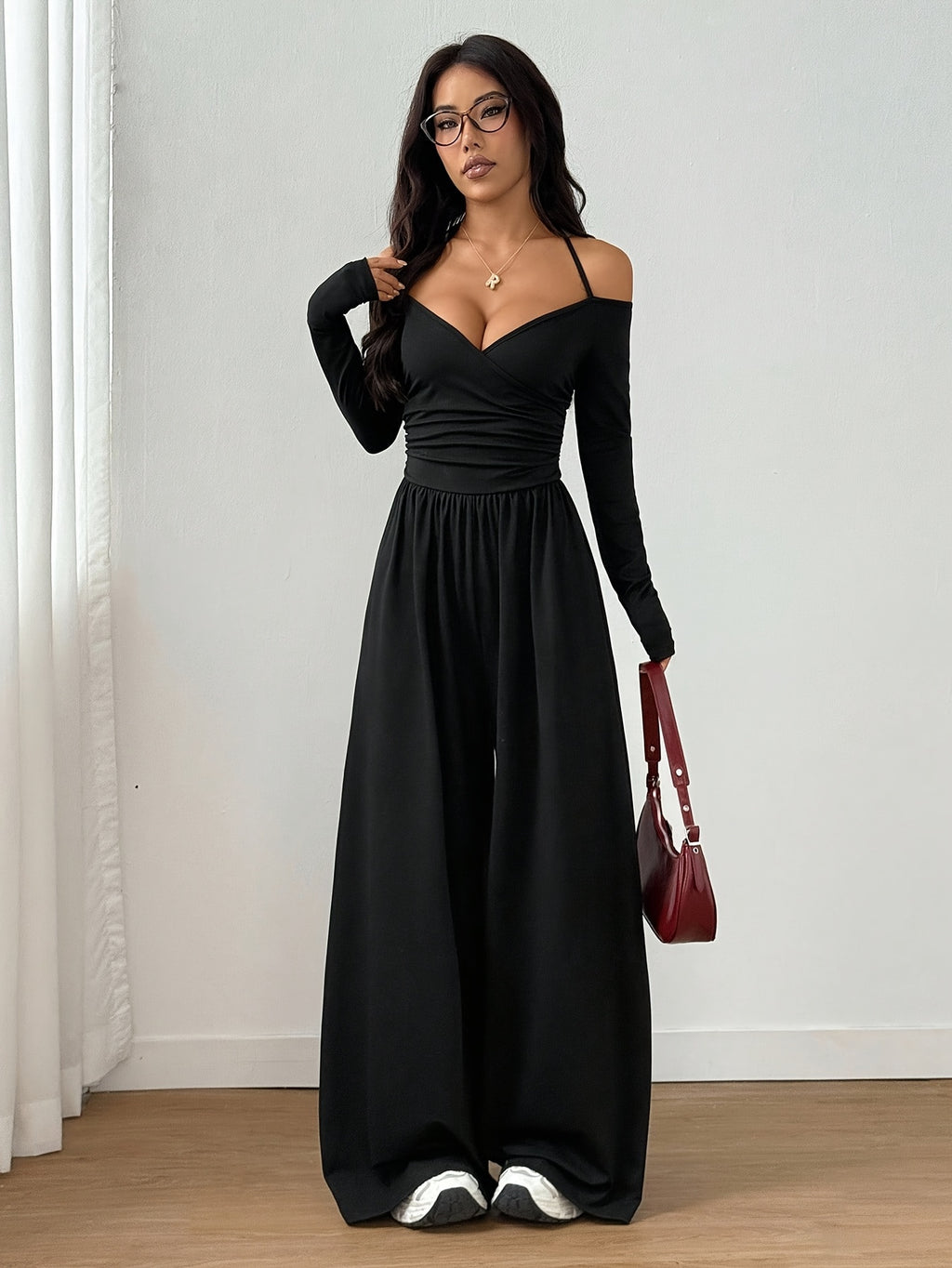 Off-Shoulder V-Neck Jumpsuit with Ruched Wide Legs