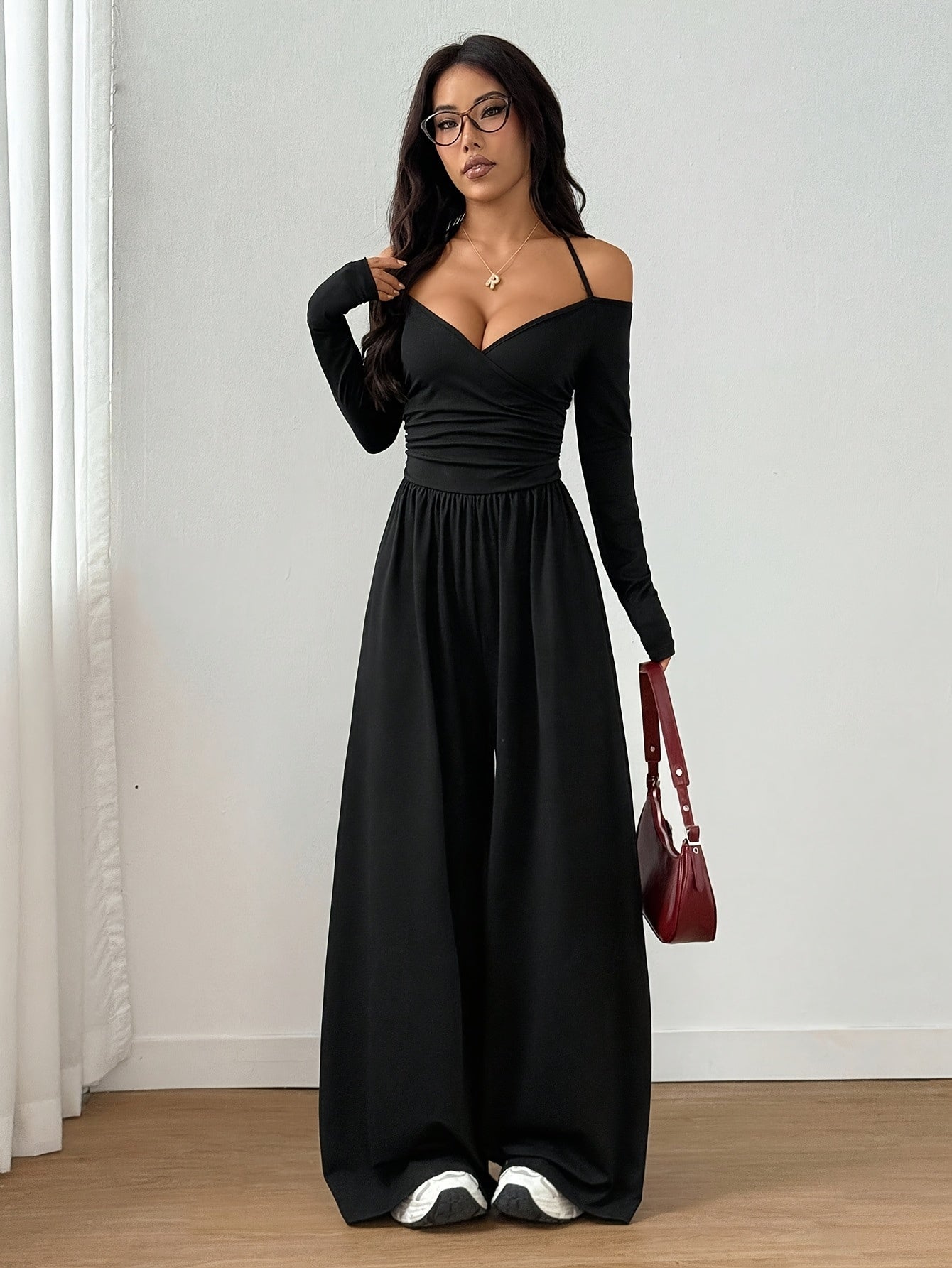 Off-Shoulder V-Neck Jumpsuit with Ruched Wide Legs