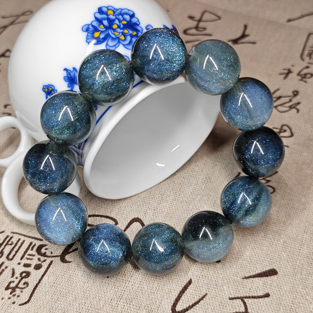 20mm Gradient Blue Sea Willow Iron Tree Fossil Secreted Large Bead Stretch Bracelet