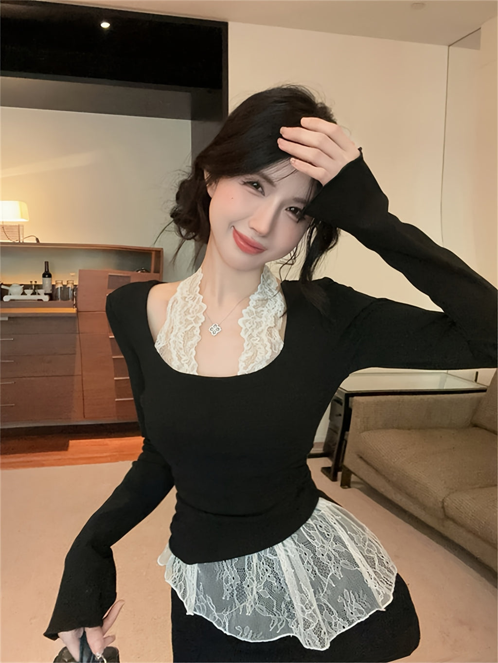 Lace Turtleneck Long-Sleeve Top