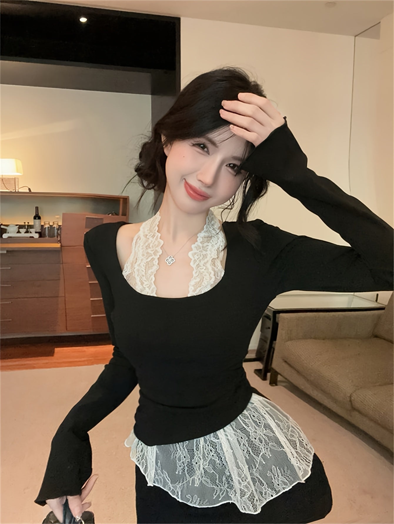 Lace Turtleneck Long-Sleeve Top