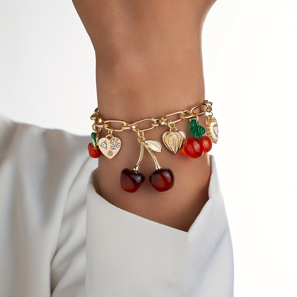 Sweet Cherry Bracelet with Heart & Bow Charm
