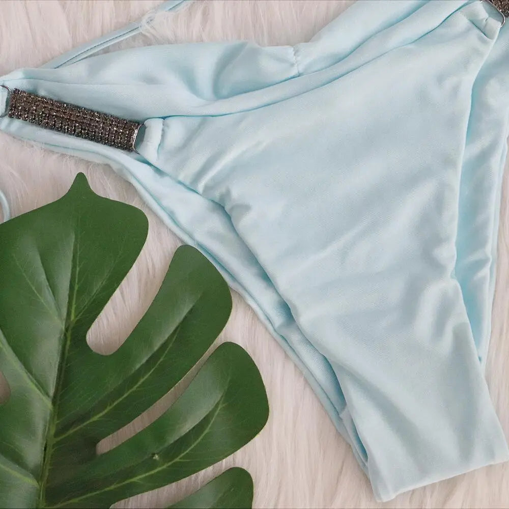 Solid Color Rhinestone Pleated Bikini Blank Swimsuit