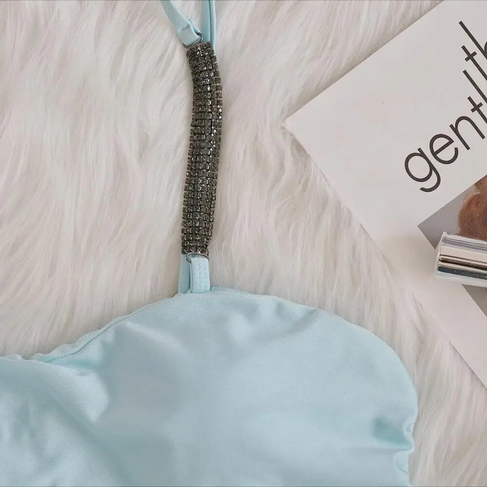 Solid Color Rhinestone Pleated Bikini Blank Swimsuit